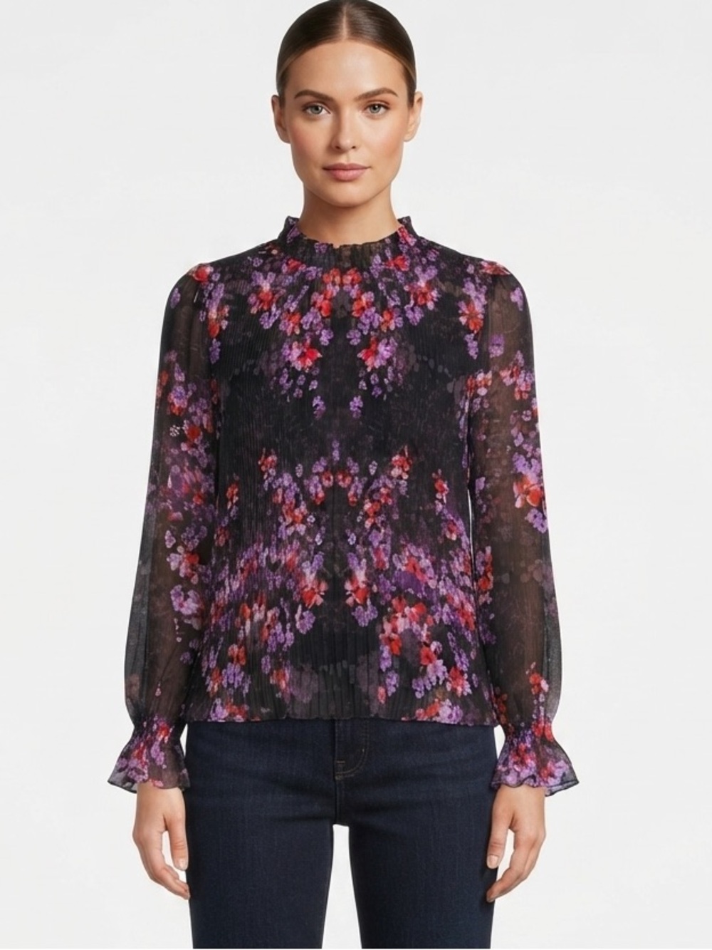 Simply Vera Wang Sheer Black Floral Long-Sleeve Blouse - Purple & Red Size L